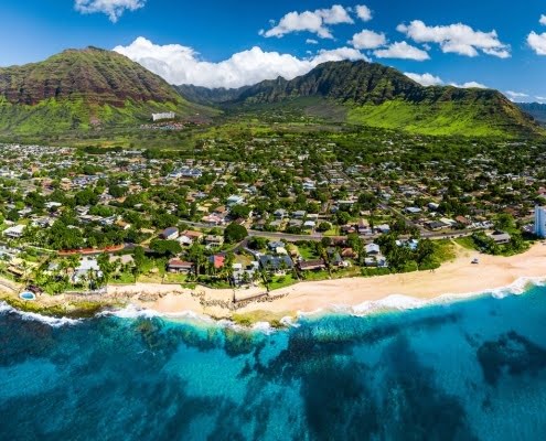 Ariel photo of Oahu, Hawaii. Refinance VA Loan programs are offered on Oahu for military veterans.