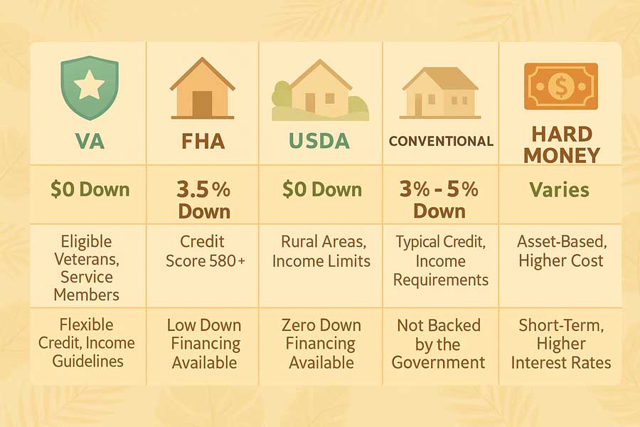 Infographic comparing FHA, USDA, Conventional, Hard Money and VA loan options for veterans.