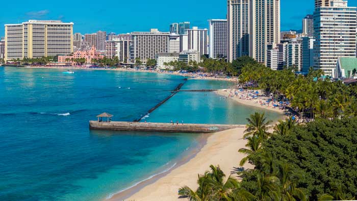 Aerial View of Waikiki Beach and Honolulu Skyline in Oahu, Hawai