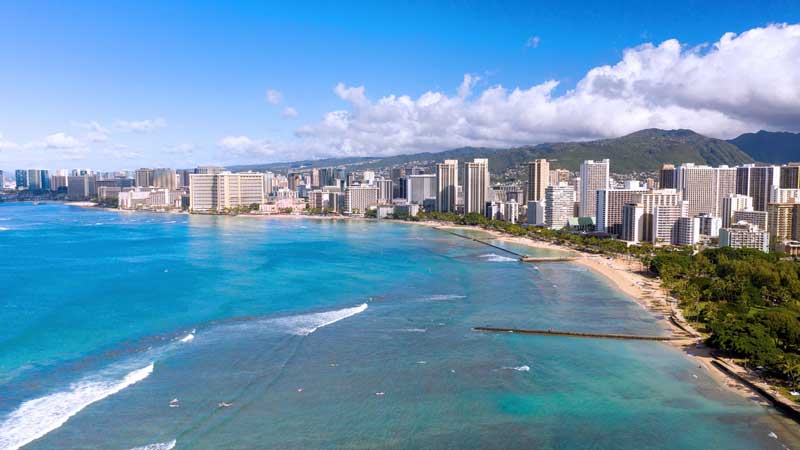 Aerial view of Waikiki looking towards Honolulu on Oahu