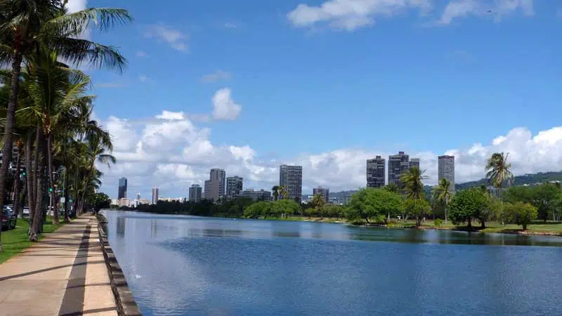 Ala Wai Canal Hotels, Condos, Golf Course, and Coconut Trees on a nice day in Waikiki