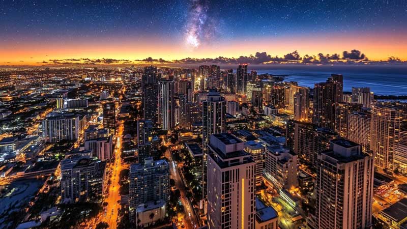 Honolulu skyline showing urban city lights at night with milky w