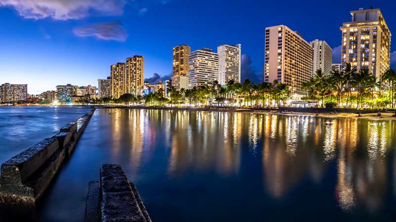 sunset at waikiki beach area in oahu hawaii