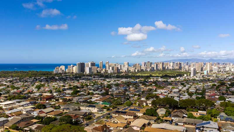 Current VA Mortgage Rates - Aerial view of Waikiki looking towards Honolulu on Oahu