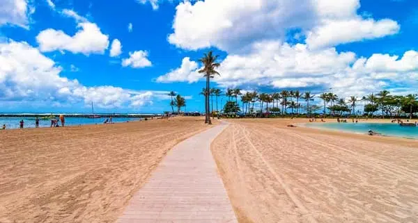 Waikiki shoreline with tourists in Honolulu, Hawaii