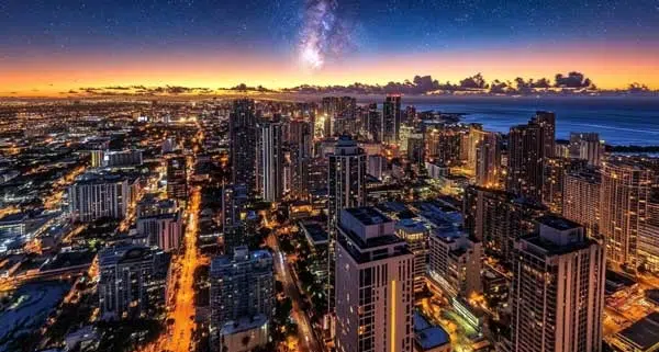 Honolulu Skyline Showing Urban City Lights