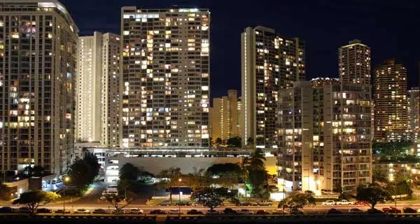 Skyscrapers and partial skyline of Honolulu, Hawaii, at night