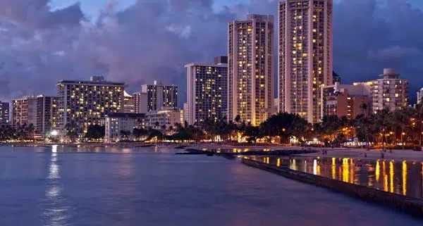 Waikiki Beach, Oahu Island Hawaii, cityscape sunset