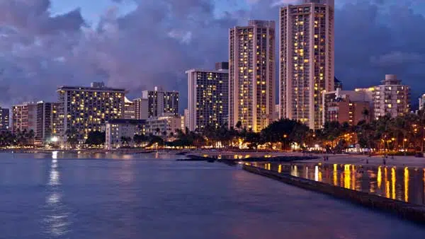 Waikiki Beach, Oahu Island Hawaii, cityscape sunset