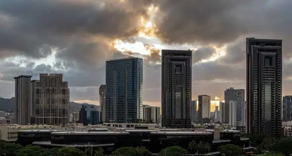 Waterfront Plaza with adjacent high rise buildings in Honolulu,