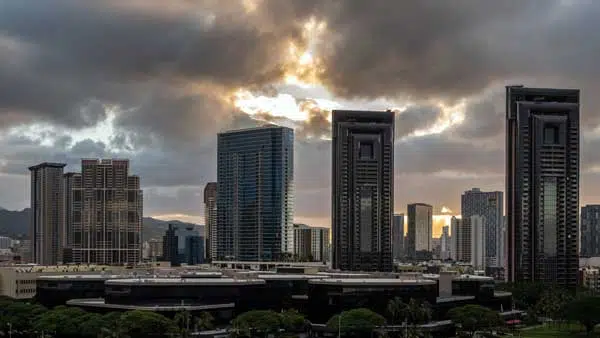 Waterfront Plaza with adjacent high rise buildings in Honolulu,