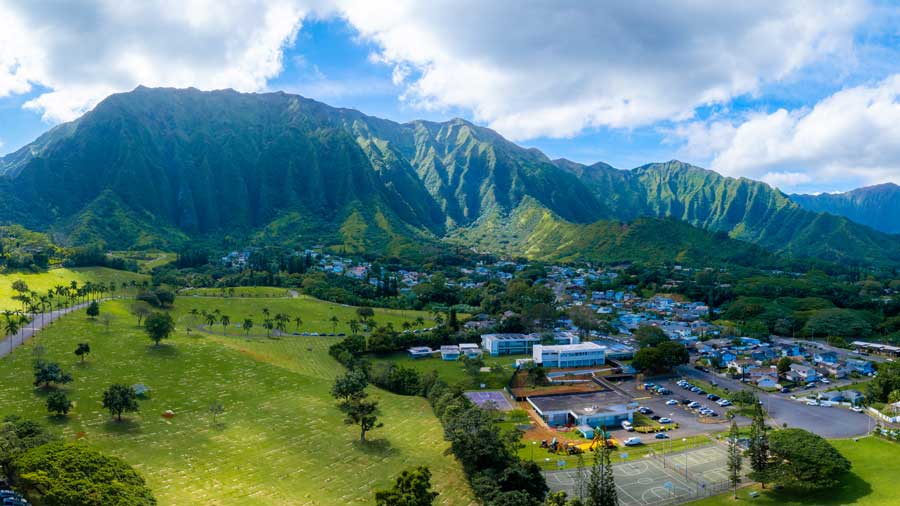 aerial view of lushy valley and Ko Olau mountains on Oahu island