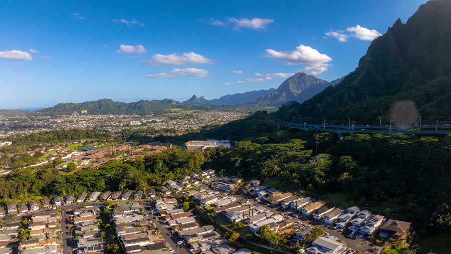 aerial view of Oahu residential area and Ko Olau mountains