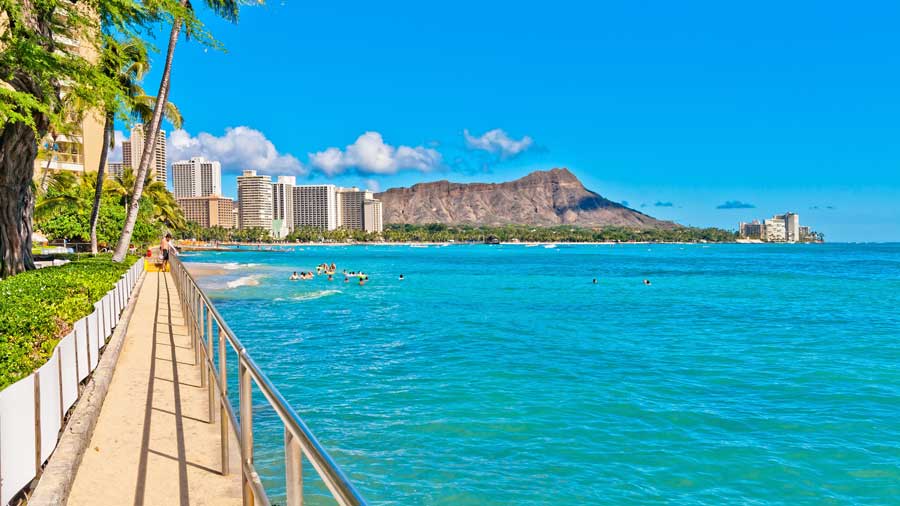 panoramic view of Waikiki shoreline with tourists in Honolulu Hawaii