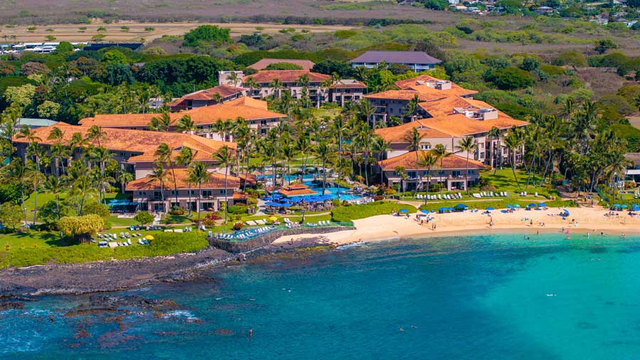aerial view of beachfront resort on Kauai island Hawaii