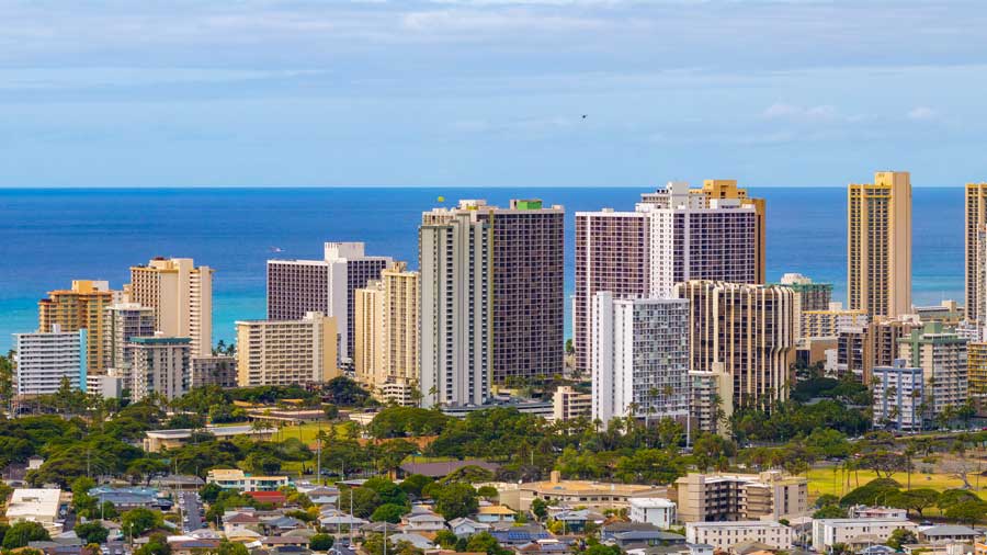 aerial view of Honolulu skyline and pacific ocean in Hawaii