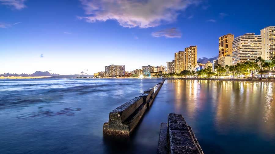 Sunset view of Waikiki beach on Oahu Hawaii