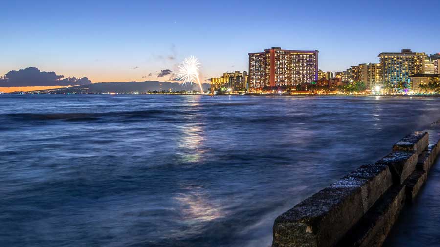 Sunset view of Waikiki beach on Oahu Hawaii