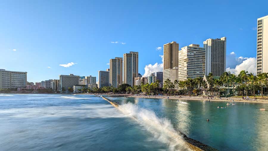 ocean water Waikiki beach and hotel towers Hawaii