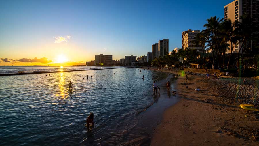 ocean water Waikiki beach and hotel towers Hawaii