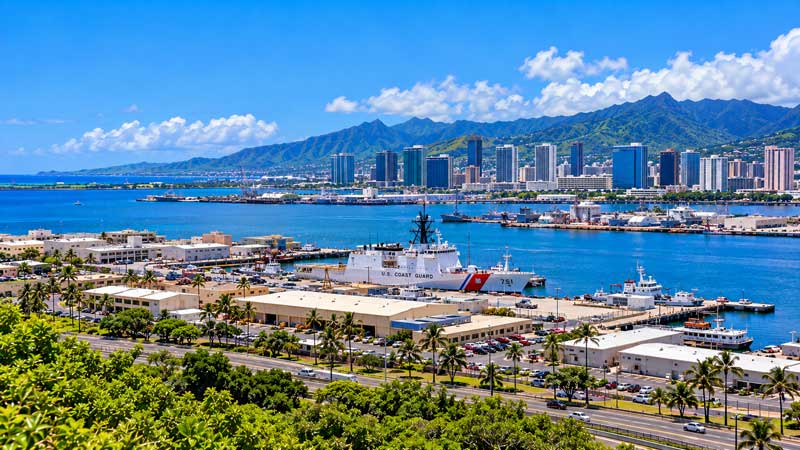 Coast Guard Oahu PCS Guide U.S. Coast Guard Base Honolulu at Sand Island with Honolulu Harbor and the Oahu mountains