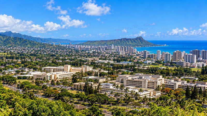 Fort Shafter and Tripler Army Medical Center area overlooking Honolulu and Diamond Head on Oahu